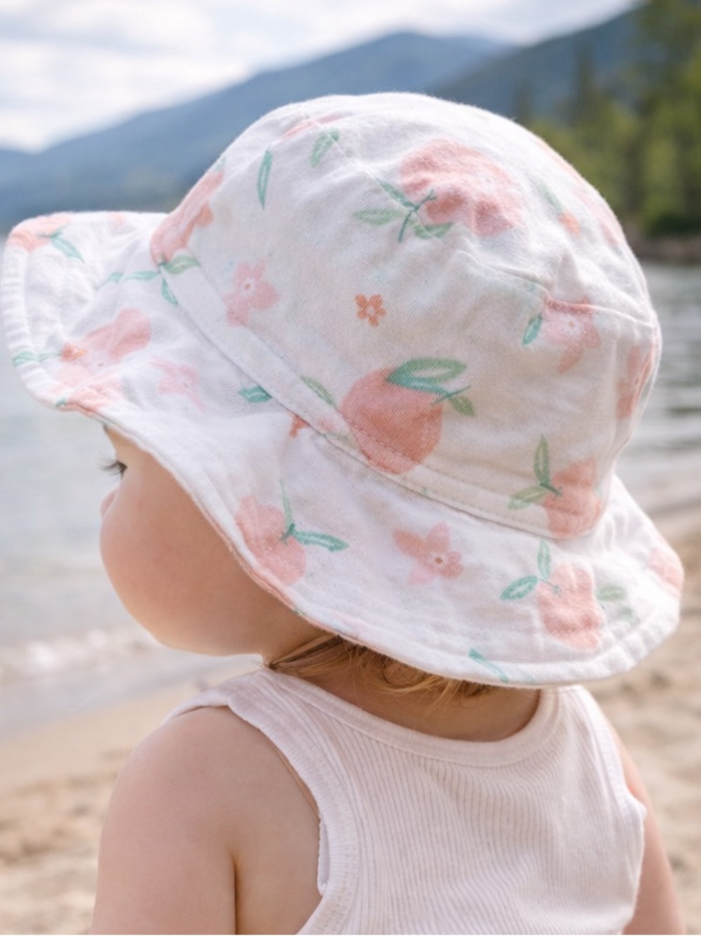 Rabbit + Bear Organic Cotton Peach Floral Reversible Bucket Hat Size 12 months